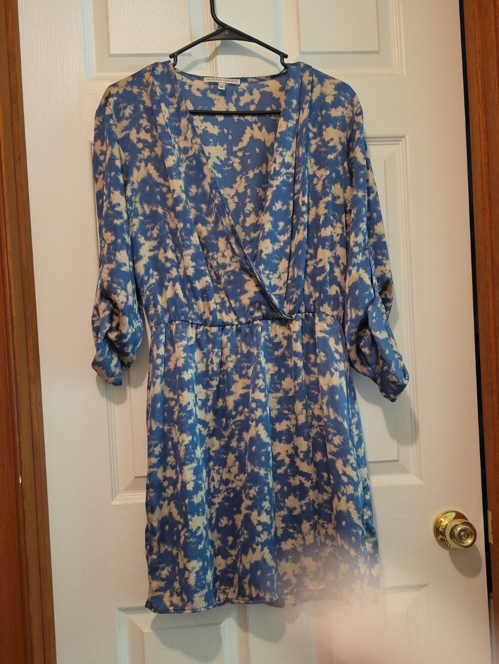Blue and Cream Floral Wrap-Style Women’s Dress